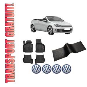 Set 5 covorase auto Volkswagen GOLF VI Convertible (517) din 2009-2013, cu covoras tunel median, presuri auto din cauciuc, 4x Stickere auto cu Volkswagen