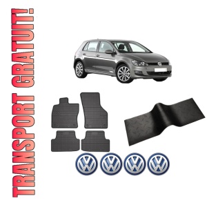 Set 5 covorase auto Volkswagen GOLF VII (5G1, BQ1, BE1, BE2) din 2014-2015, cu covoras tunel median, presuri auto din cauciuc, 4x Stickere auto cu Volkswagen