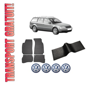 Set 5 covorase auto Volkswagen PASSAT B5.5 Variant (3B6) din 2009-2018, cu covoras tunel median, presuri auto din cauciuc, 4x Stickere auto cu Volkswagen