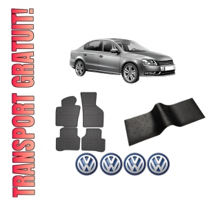 Set 5 covorase auto Volkswagen PASSAT B7 (362) din 2020-2024, cu covoras tunel median, presuri auto din cauciuc, 4x Stickere auto cu Volkswagen