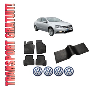 Set 5 covorase auto Volkswagen PASSAT B7 (A32, A33) din 2008-2012, cu covoras tunel median, presuri auto din cauciuc, 4x Stickere auto cu Volkswagen