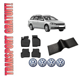 Set 5 covorase auto Volkswagen PASSAT B7 Variant (365) din 2008-2015, cu covoras tunel median, presuri auto din cauciuc, 4x Stickere auto cu Volkswagen