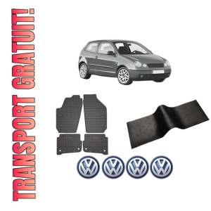 Set 5 covorase auto Volkswagen POLO IV (9N_, 9A_) din 2009-2015, cu covoras tunel median, presuri auto din cauciuc, 4x Stickere auto cu Volkswagen