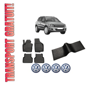 Set 5 covorase auto Volkswagen TIGUAN (5N_) din 2004-2009, cu covoras tunel median, presuri auto din cauciuc, 4x Stickere auto cu Volkswagen