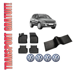 Set 5 covorase auto Volkswagen TIGUAN (5N_) din 2004-2009, cu covoras tunel median, presuri auto din cauciuc, 4x Stickere auto cu Volkswagen