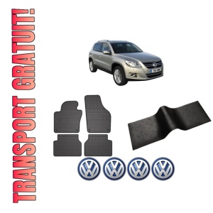 Set 5 covorase auto Volkswagen TIGUAN VAN (5N_) din 2003-2008, cu covoras tunel median, presuri auto din cauciuc, 4x Stickere auto cu Volkswagen