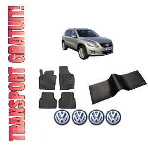 Set 5 covorase auto Volkswagen TIGUAN VAN (5N_) din 2003-2008, cu covoras tunel median, presuri auto din cauciuc, 4x Stickere auto cu Volkswagen