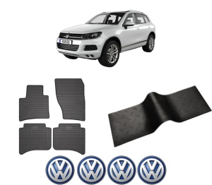 Set 5 covorase auto Volkswagen TOUAREG VAN (7P5) din 2007-2015, cu covoras tunel median, presuri auto din cauciuc, 4x Stickere auto cu Volkswagen - Img 2
