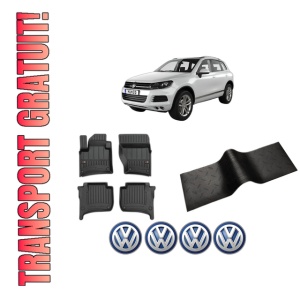 Set 5 covorase auto Volkswagen TOUAREG VAN (7P5) din 2007-2015, cu covoras tunel median, presuri auto din cauciuc, 4x Stickere auto cu Volkswagen