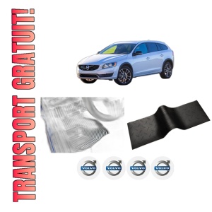 Set 5 covorase auto VOLVO V60 I Cross Country (157) din 2017-2022, cu covoras tunel median, presuri auto din cauciuc, 4x Stickere auto cu VOLVO
