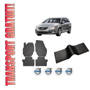 Set 5 covorase auto VOLVO V70 III Estate Van (135) din 2010-2017, cu covoras tunel median, presuri auto din cauciuc, 4x Stickere auto cu VOLVO