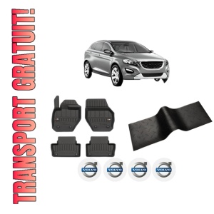 Set 5 covorase auto VOLVO XC60 I SUV (156) din 2018-2020, cu covoras tunel median, presuri auto din cauciuc, 4x Stickere auto cu VOLVO