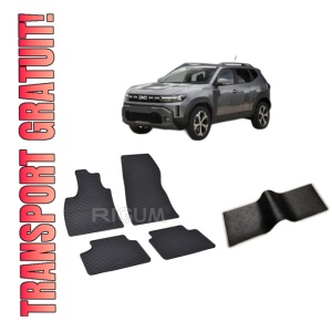 Set 5 covorase DACIA DUSTER III HYBRID din 06.2024-PREZENT, cu covoras tunel median, CAROSERIE SUV, Presuri cauciuc 100%, compatibil cu autoturismul DACIA DUSTER III HYBRID, Rigum