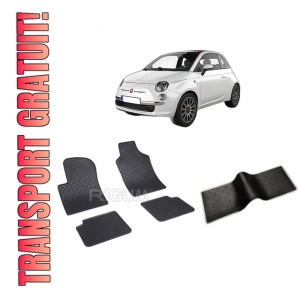 Set 5 covorase FIAT 500 din 09.2007-PREZENT, cu covoras tunel median, CAROSERIE HATCHBACK, Presuri cauciuc 100%, compatibil cu autoturismul FIAT 500, Rigum