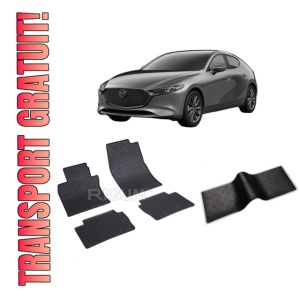 Set 5 covorase MAZDA 3 IV din 03.2019-PREZENT, cu covoras tunel median, CAROSERIE SEDAN, Presuri cauciuc 100%, compatibil cu autoturismul MAZDA 3 IV, Rigum