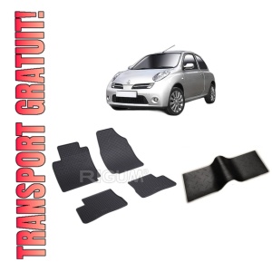 Set 5 covorase NISSAN MICRA K12 din 2002-2010, cu covoras tunel median, CAROSERIE HATCHBACK, Presuri cauciuc 100%, compatibil cu autoturismul NISSAN MICRA K12, Rigum