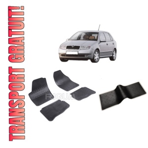 Set 5 covorase SKODA FABIA I din 2000-2007, cu covoras tunel median, CAROSERIE HATCHBACK, Presuri cauciuc 100%, compatibil cu autoturismul SKODA FABIA I, Rigum