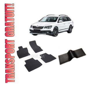 Set 5 covorase SKODA SUPERB III din 09.2015-11.2023, cu covoras tunel median, CAROSERIE COMBI, Presuri cauciuc 100%, compatibil cu autoturismul SKODA SUPERB III, Rigum