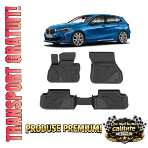 Set covorase BMW Seria 1 F40 din 2019-2024, covorase presuri tavita auto, cu tunel median intermediar din cauciuc thermoplastic, 4 Stickere auto cu BMW