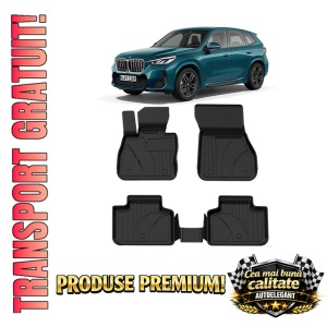 Set covorase BMW X1 U11 din 2022, covorase presuri tavita auto, cu tunel median intermediar din cauciuc thermoplastic, 4 Stickere auto cu BMW