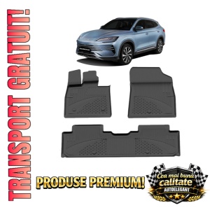Set covorase BYD Song Plus din 2021, covorase presuri tavita auto, cu tunel median intermediar din cauciuc thermoplastic, 4 Stickere auto cu BYD