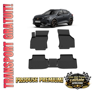 Set covorase Cupra Formentor Facelift din 2024, covorase presuri tavita auto, cu tunel median intermediar din cauciuc thermoplastic, 4 Stickere auto cu Cupra