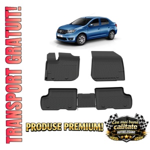 Set covorase Dacia Logan II din 2013 - 2020, covorase presuri tavita auto, cu tunel median intermediar din cauciuc thermoplastic, 4 Stickere auto cu Dacia