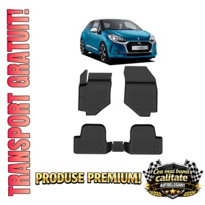 Set covorase DS3 din 2018, covorase presuri tavita auto, cu tunel median intermediar din cauciuc thermoplastic, 4 Stickere auto cu DS