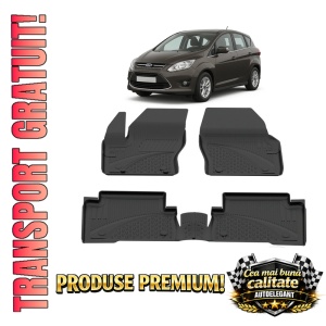 Set covorase Ford C-Max II din 2010 - 2019, covorase presuri tavita auto, cu tunel median intermediar din cauciuc thermoplastic, 4 Stickere auto cu Ford