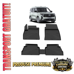 Set covorase Ford Tourneo Courier din 2024, covorase presuri tavita auto, cu tunel median intermediar din cauciuc thermoplastic, 4 Stickere auto cu Ford