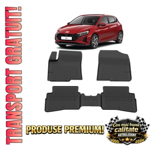 Set covorase Hyundai I20 III din 2020, covorase presuri tavita auto, cu tunel median intermediar din cauciuc thermoplastic, 4 Stickere auto cu Hyundai