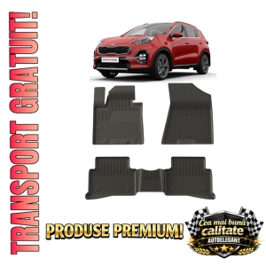 Set covorase Kia Sportage IV din 2016 - 2021, covorase presuri tavita auto, cu tunel median intermediar din cauciuc thermoplastic, 4 Stickere auto cu Kia