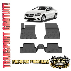 Set covorase Mercedes CLA C117 din 2013-2018, covorase presuri tavita auto, cu tunel median intermediar din cauciuc thermoplastic, 4 Stickere auto cu Mercedes