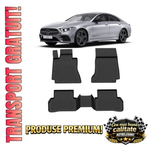 Set covorase Mercedes CLS Coupe C257 din 2018, covorase presuri tavita auto, cu tunel median intermediar din cauciuc thermoplastic, 4 Stickere auto cu Mercedes