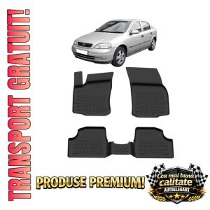 Set covorase Opel Astra II G din 1998 - 2004, covorase presuri tavita auto, cu tunel median intermediar din cauciuc thermoplastic, 4 Stickere auto cu Opel