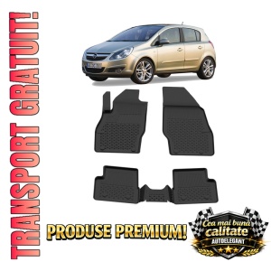 Set covorase Opel Corsa D din 2006 - 2014, covorase presuri tavita auto, cu tunel median intermediar din cauciuc thermoplastic, 4 Stickere auto cu Opel