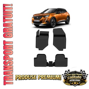 Set covorase Peugeot 2008 din 2019, covorase presuri tavita auto, cu tunel median intermediar din cauciuc thermoplastic, 4 Stickere auto cu Peugeot