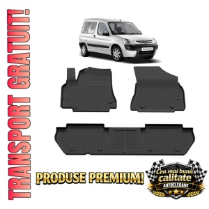 Set covorase Peugeot Partner din 2008-2018, covorase presuri tavita auto, cu tunel median intermediar din cauciuc thermoplastic, 4 Stickere auto cu Peugeot