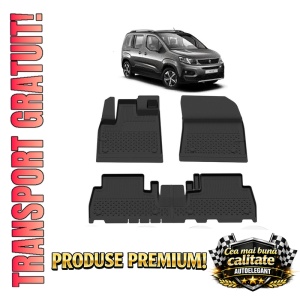 Set covorase Peugeot Rifter din 2018, covorase presuri tavita auto, cu tunel median intermediar din cauciuc thermoplastic, 4 Stickere auto cu Peugeot