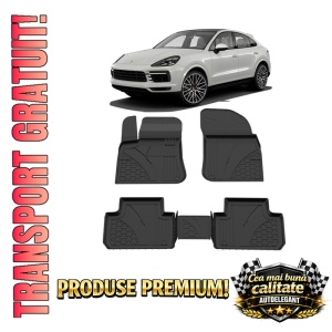 Set covorase Porsche Cayenne III Coupe din 2019, covorase presuri tavita auto, cu tunel median intermediar din cauciuc thermoplastic, 4 Stickere auto cu Porsche