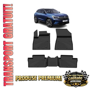 Set covorase Renault Austral Full Hybrid din 2022, covorase presuri tavita auto, cu tunel median intermediar din cauciuc thermoplastic, 4 Stickere auto cu Renault