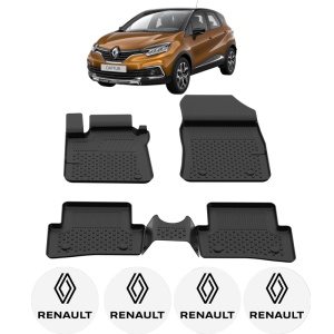 Set covorase Renault Captur I din 2013 - 2019, covorase presuri tavita auto, cu tunel median intermediar din cauciuc thermoplastic, 4 Stickere auto cu Renault - Img 2