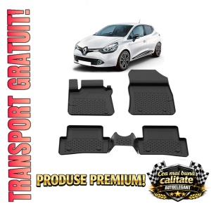 Set covorase Renault Clio III din 2005 - 2012, covorase presuri tavita auto, cu tunel median intermediar din cauciuc thermoplastic, 4 Stickere auto cu Renault