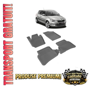 Set covorase Skoda Fabia II din 2007 - 2014, covorase presuri tavita auto, cu tunel median intermediar din cauciuc thermoplastic, 4 Stickere auto cu Skoda