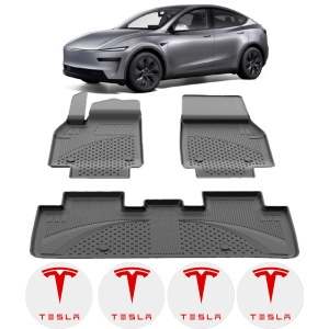 Set covorase Tesla Model Y Juniper din 2025, covorase presuri tavita auto, cu tunel median intermediar din cauciuc thermoplastic, 4 Stickere auto cu Tesla - Img 2