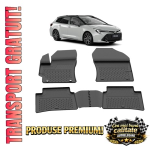 Set covorase Toyota Corolla Combi din 2018, covorase presuri tavita auto, cu tunel median intermediar din cauciuc thermoplastic, 4 Stickere auto cu Toyota