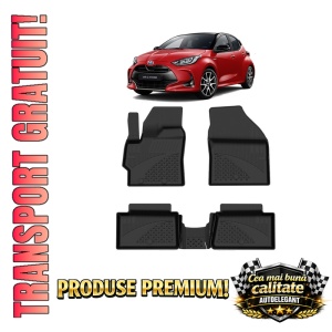 Set covorase Toyota Yaris din 2020, covorase presuri tavita auto, cu tunel median intermediar din cauciuc thermoplastic, 4 Stickere auto cu Toyota