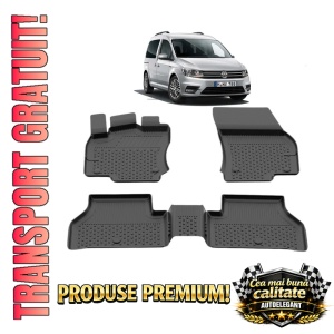 Set covorase Volkswagen Caddy din 2020, covorase presuri tavita auto, cu tunel median intermediar din cauciuc thermoplastic, 4 Stickere auto cu Volkswagen