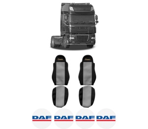 Set Huse Scaune Camion Tir DAF 95 XF din 1997-2002, Auto, Model CLASSIC, Culoare Gri, 4x Stickere auto cu DAF