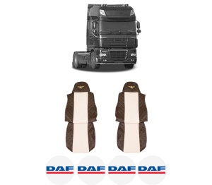 Set Huse Scaune Camion Tir DAF 95 XF din 1997-2002, Auto, Model ELEGANCE Q, Culoare Bej/Maro, 4x Stickere auto cu DAF